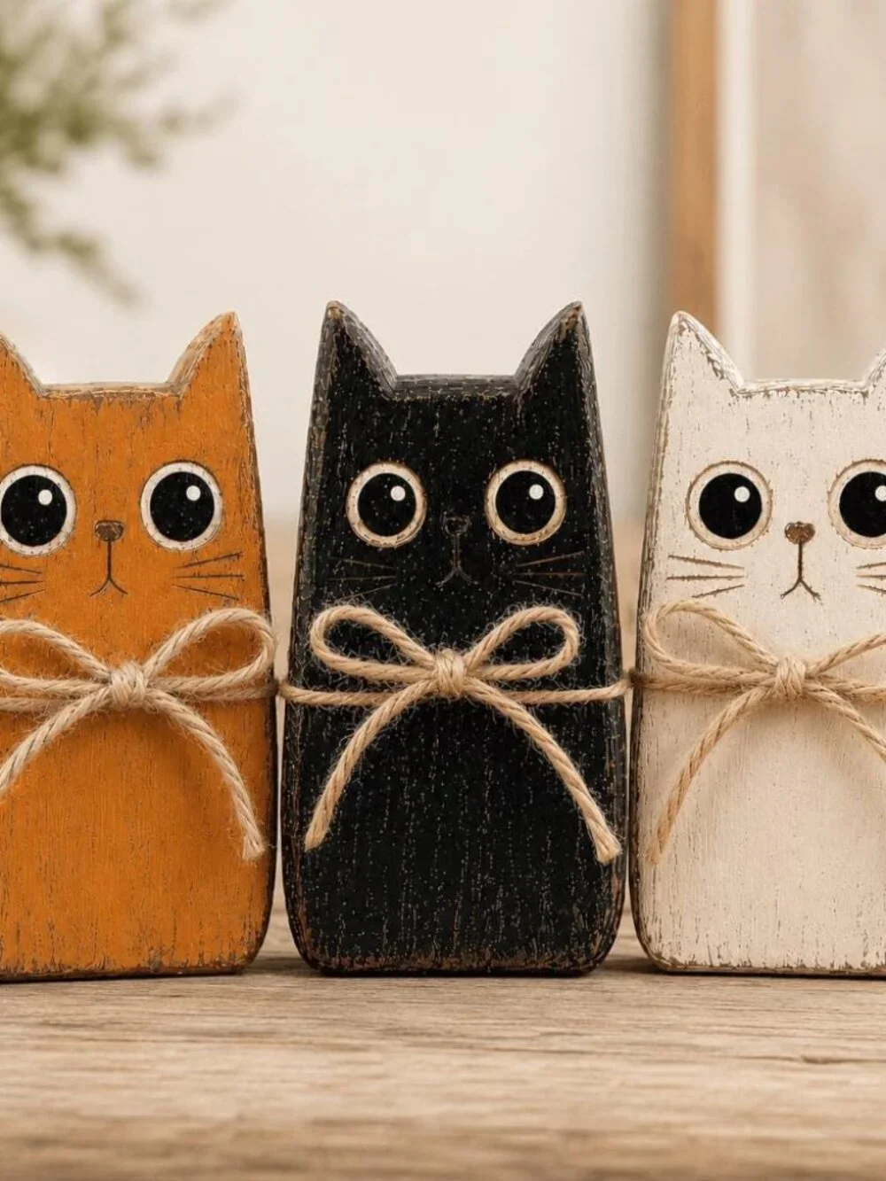 2D Wooden Cat Blocks Set, 3ps Halloween Wooden Rustic Shelf Sitter